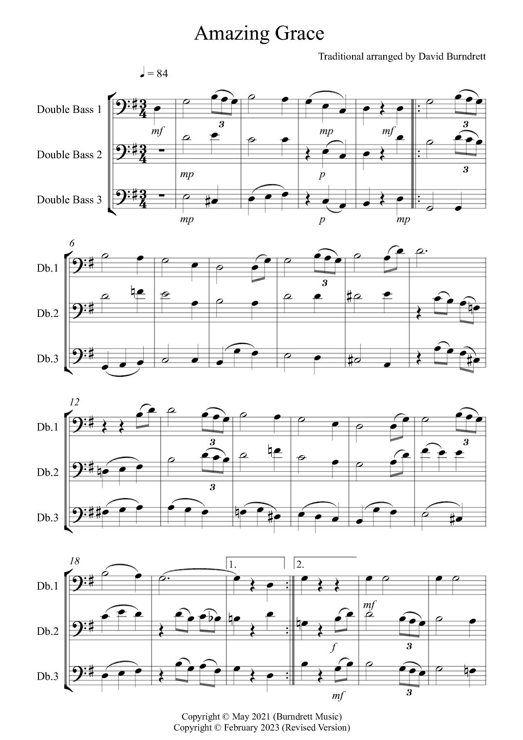 Amazing Grace for Double Bass Trio (arr. David Burndrett)