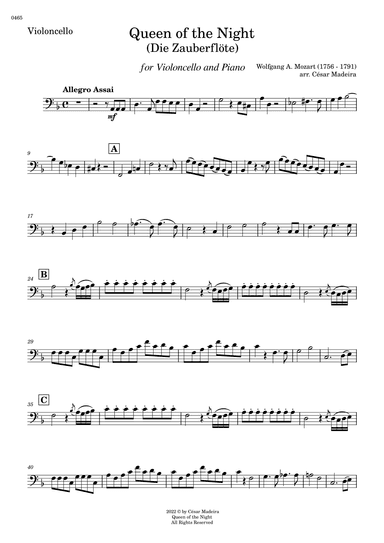 Queen of the Night Aria - Cello and Piano (Individual Parts) (arr. César Madeira)