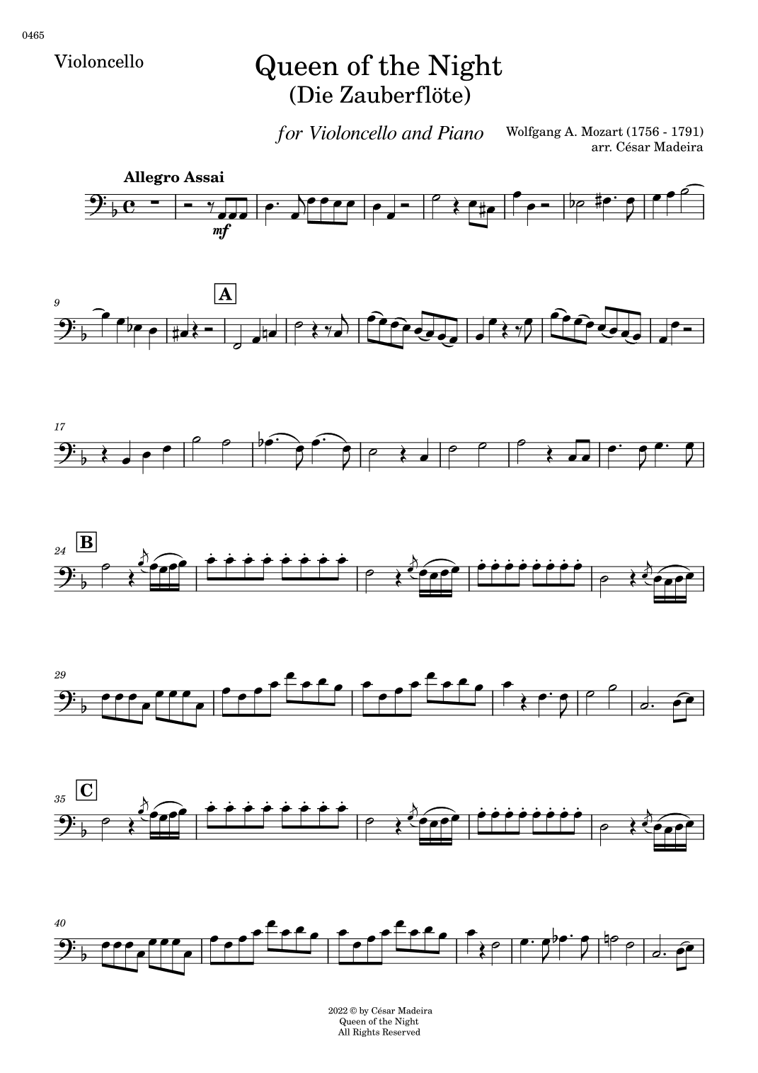 Queen of the Night Aria - Cello and Piano (Individual Parts) (arr. César Madeira)