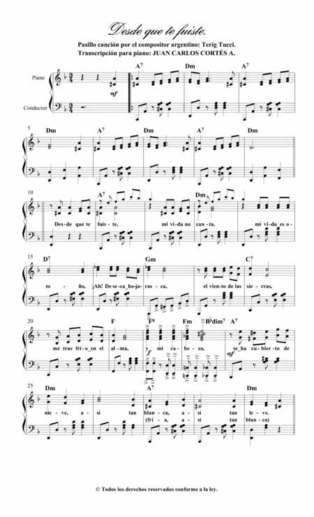 Desde que te fuiste. Pasillo Canción por Terig Tucci (arr. Juan Carlos Cortés A.)