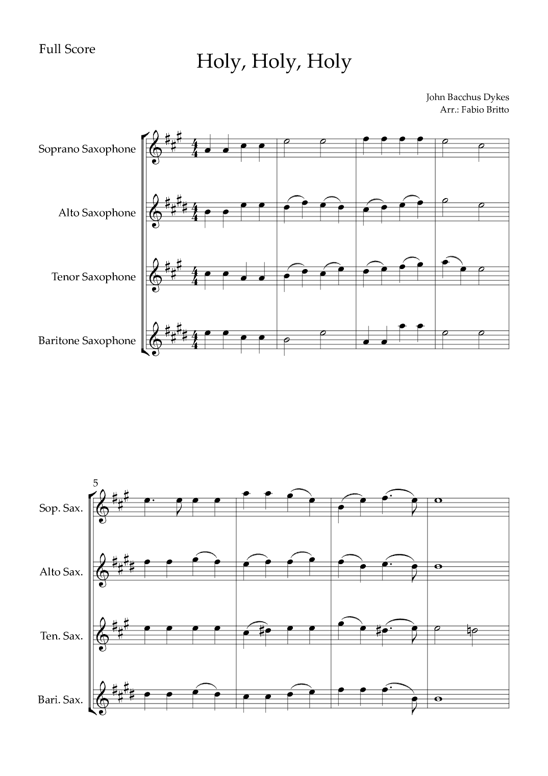 Holy, Holy, Holy (Traditional Christian Song) for Saxophone Quartet (arr. Fabio Britto)