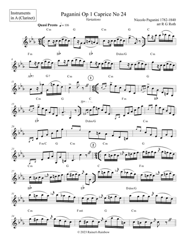 Paganini Op 1 Caprice No 24 Variations For Solo Clarinet (arr. R G Roth)