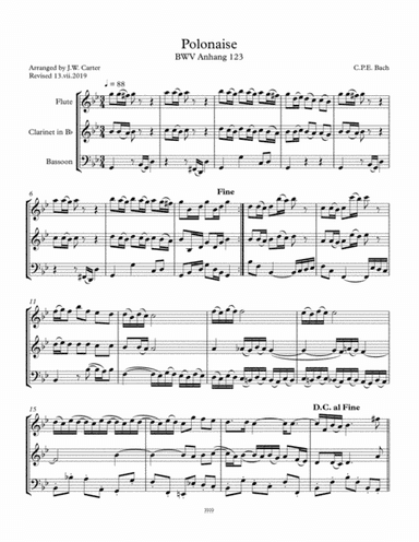 Polonaise in G min., BWV Anh. 123, by C.P.E. Bach, arranged for Flute, Clarinet & Bassoon (arr. J.W. Carter)