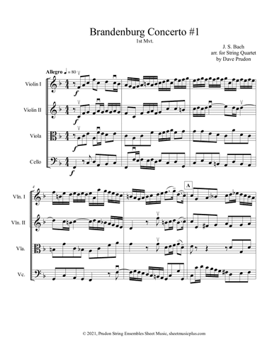 Brandenburg Concerto #1, 1st. Mvt. for String Quartet (arr. Dave Prudon)