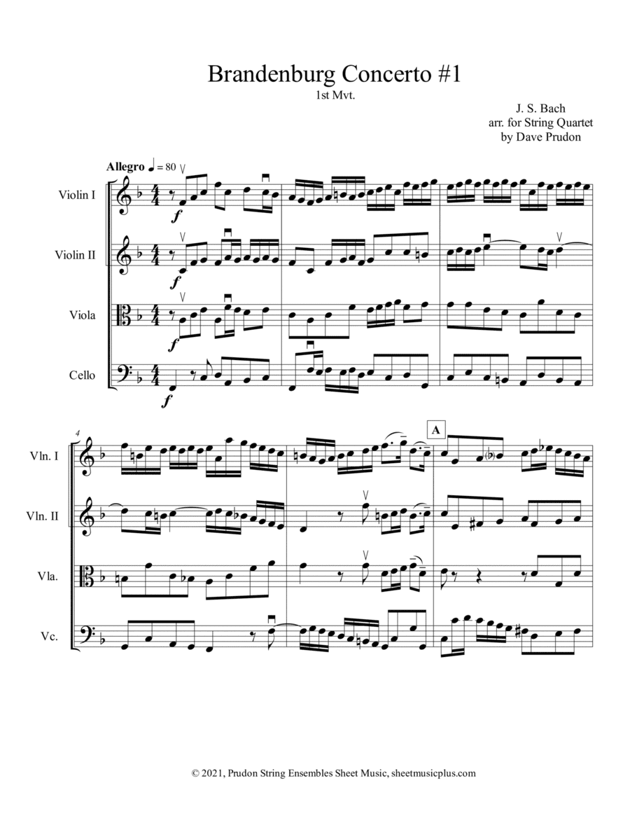 Brandenburg Concerto #1, 1st. Mvt. for String Quartet (arr. Dave Prudon)