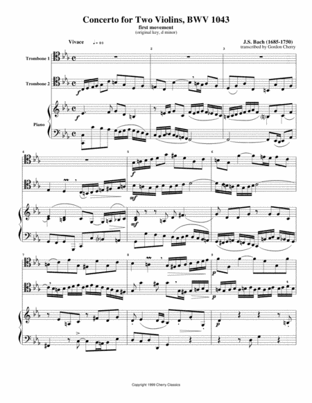 Concerto for Two Violins (1st Movement) for Two Tenor Trombones & Piano (arr. Cherry, Gordon)