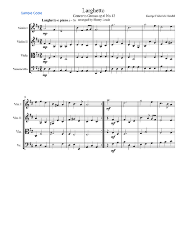 LARGHETTO,Op.6, No.12, String Quartet, Intermediate Level for 2 violins, viola and cello (arr. Sherry Lewis)