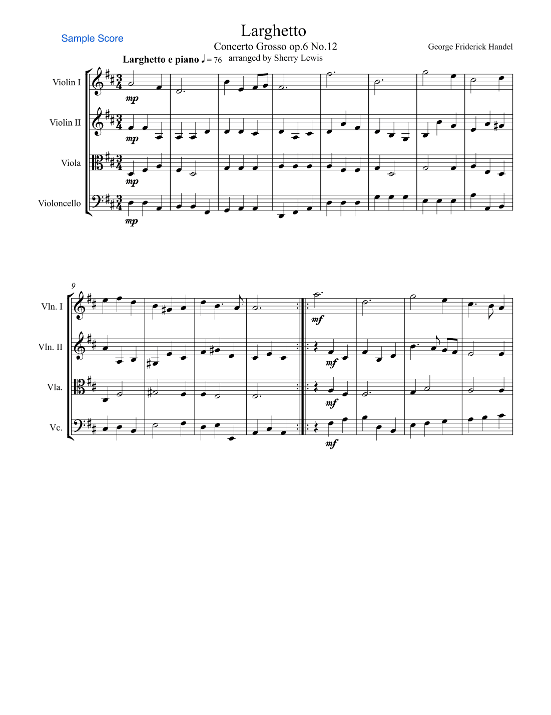 LARGHETTO,Op.6, No.12, String Quartet, Intermediate Level for 2 violins, viola and cello (arr. Sherry Lewis)