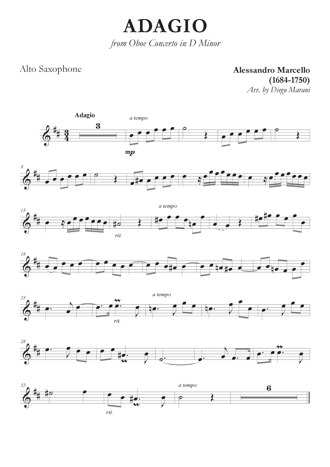 Marcello's Adagio for Alto Saxophone and Piano (arr. Diego Marani)