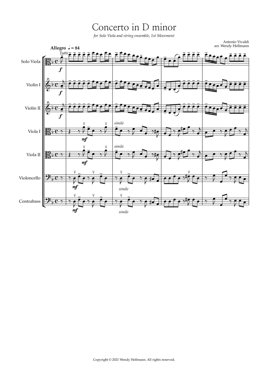 Vivaldi Concerto in D minor (transposed for Solo Viola, Chamber Strings) (arr. Wendy Hellmann)