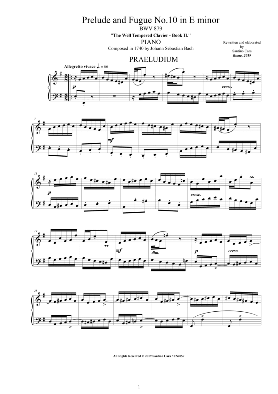 Bach - Prelude and Fugue No.10 in E minor BWV 879 for Piano (arr. Santino Cara)