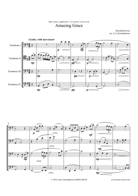 Amazing Grace - Trombone Quartet - Higher Intermediate (arr. Anne L Christopherson GRSM ARCM)