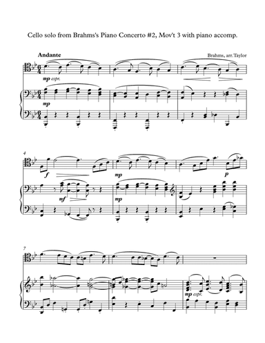 Brahms cello solo from concerto#2 (op.83) for cello and piano or for piano solo (arr. Paul Taylor)