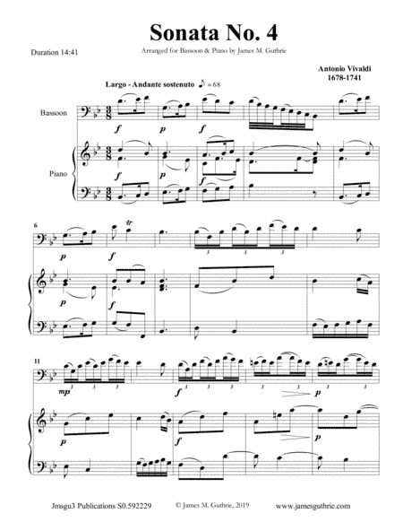 Vivaldi: Sonata No. 4 for Bassoon & Piano (arr. James M. Guthrie, ASCAP)