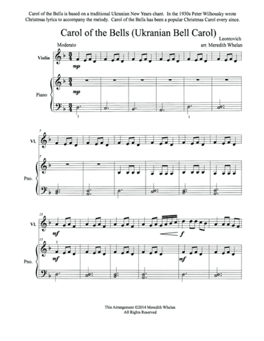 Christmas Duets for Violin & Piano:  Ukranian Bell Carol (Carol of the Bells) (arr. Meredith Whelan)