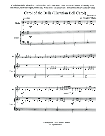 Christmas Duets for Violin & Piano:  Ukranian Bell Carol (Carol of the Bells) (arr. Meredith Whelan)
