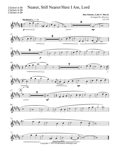Nearer, Still Nearer/Here I Am, Lord Clarinet in Bb (arr. Alva J Lee)