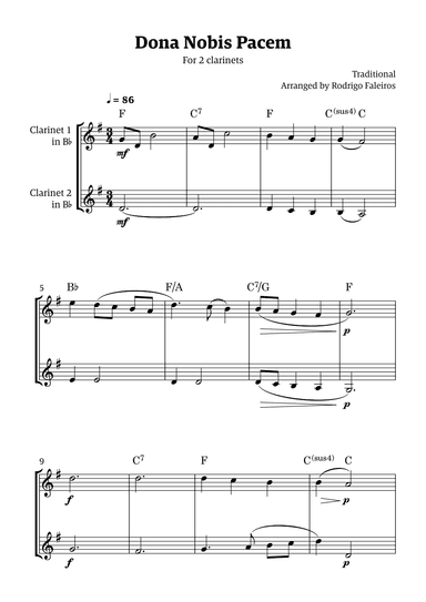 Dona Nobis Pacem - for 2 clarinets (with chords) (arr. Rodrigo Faleiros)