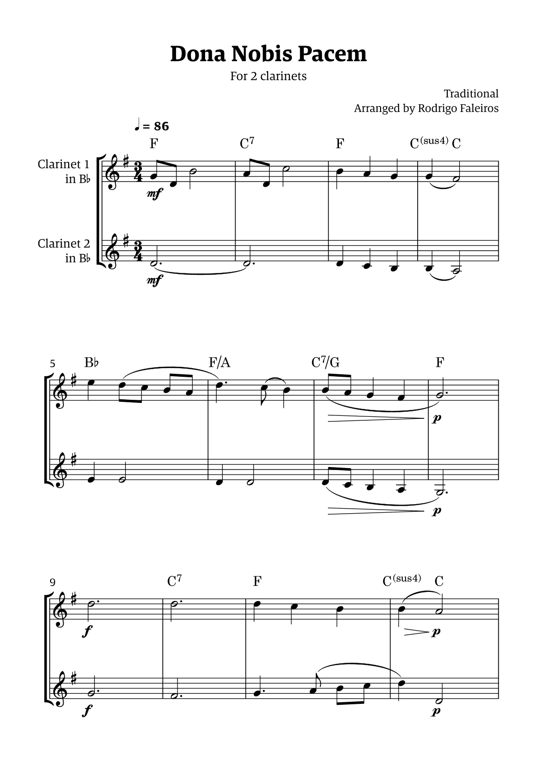 Dona Nobis Pacem - for 2 clarinets (with chords) (arr. Rodrigo Faleiros)