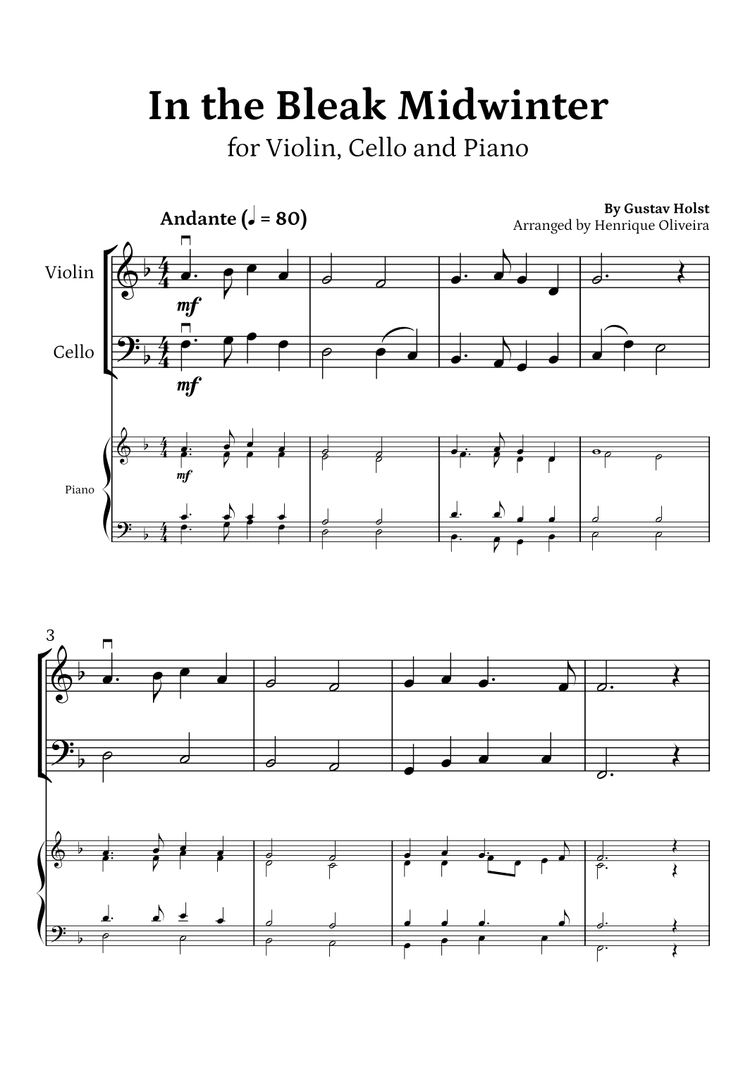 In the Bleak Midwinter (Violin, Cello and Piano) - Beginner Level (arr. Henrique Oliveira)