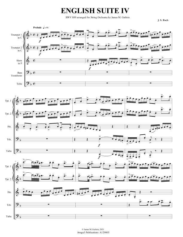 BACH: English Suite No. 4 BWV 809 for Brass Quintet (arr. James M. Guthrie)