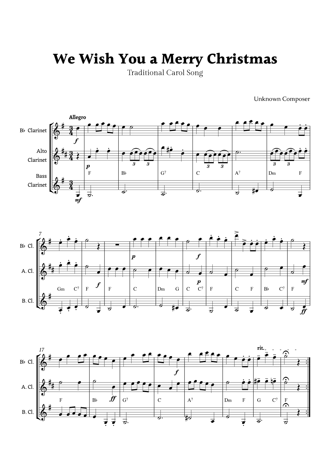 We Wish you a Merry Christmas for Clarinet Ensemble Trio with Chords (arr. Rika K.)