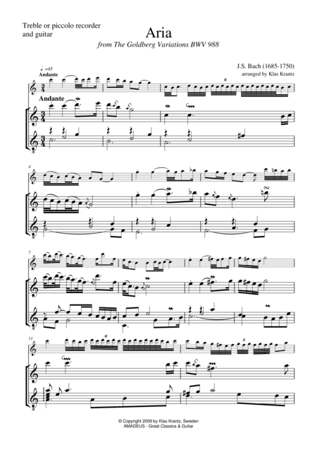 Aria (Goldberg var.) BWV 988, ornamented, for treble recorder and guitar (arr. Amadeus Music)