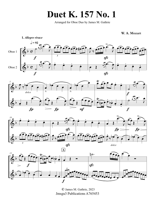 Mozart: Duet K. 157 No.1 for Oboe Duo (arr. James M. Guthrie)