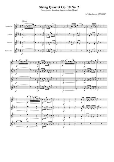 String Quartet Op. 18 No. 2 for Saxophone Quartet (SATB) (arr. Diego Marani)