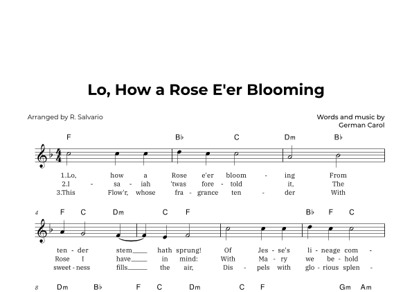 Lo, How a Rose E'er Blooming (Key of F Major) (arr. R. Salvario)