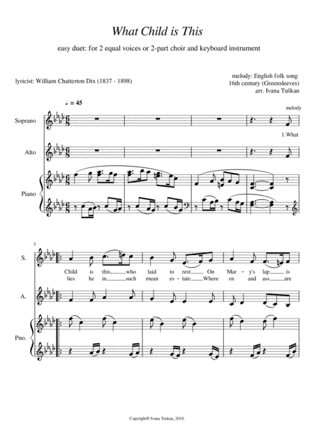 What Child is This,  for SA, and piano, F minor (arr. Ivana Tuskan)