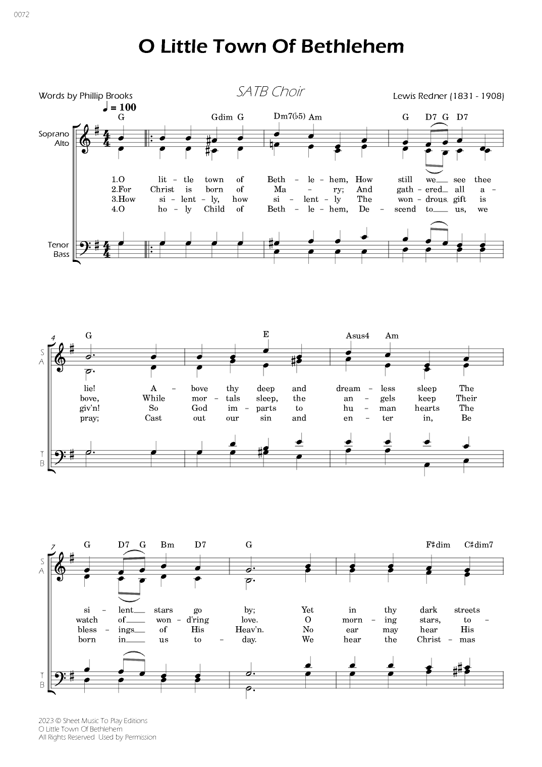 O Little Town Of Bethlehem - SATB Choir - W/Chords (arr. César Madeira)