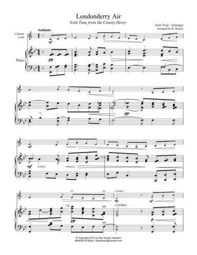 Londonderry air for clarinet in Bb and piano (arr. Amadeus Music)