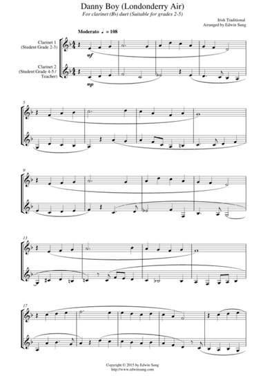 Danny Boy (Londonderry Air) (for clarinet (Bb) duet, suitable for grades 2-5) (arr. Edwin Sung)