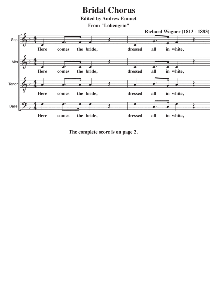 Bridal Chorus (Here Comes The Bride) A Cappella SATB (arr. Edited by Andrew Emmet)