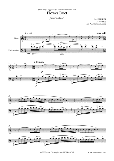 Flower Duet from Lakme - Flute and Cello, unaccompanied (arr. Anne L Christopherson GRSM ARCM)