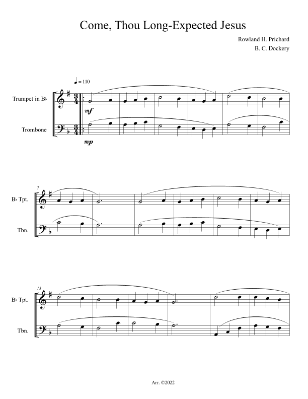 Come, Thou Long-Expected Jesus (Trumpet and Trombone Duet) (arr. B. C. Dockery)