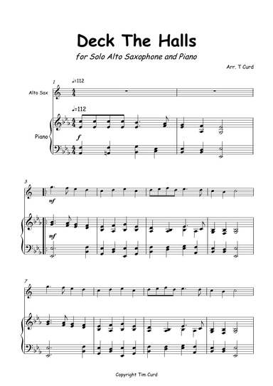 Deck The Halls for Solo Alto Saxophone and Piano (arr. Tim Curd)