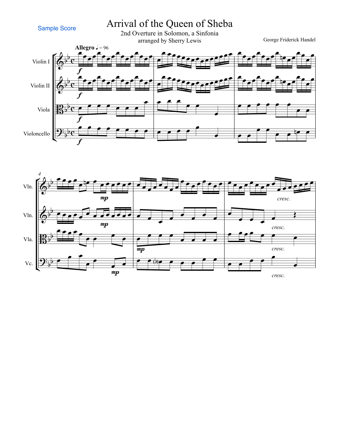 ARRIVAL OF THE QUEEN OF SHEBA String Quartet, Intermediate Level for 2 violins, viola and cello (arr. Sherry Lewis)