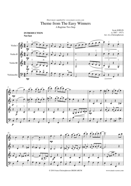The Easy Winners - Long Version: 3 Violins and Cello (arr. Anne Christopherson GRSM ARCM)