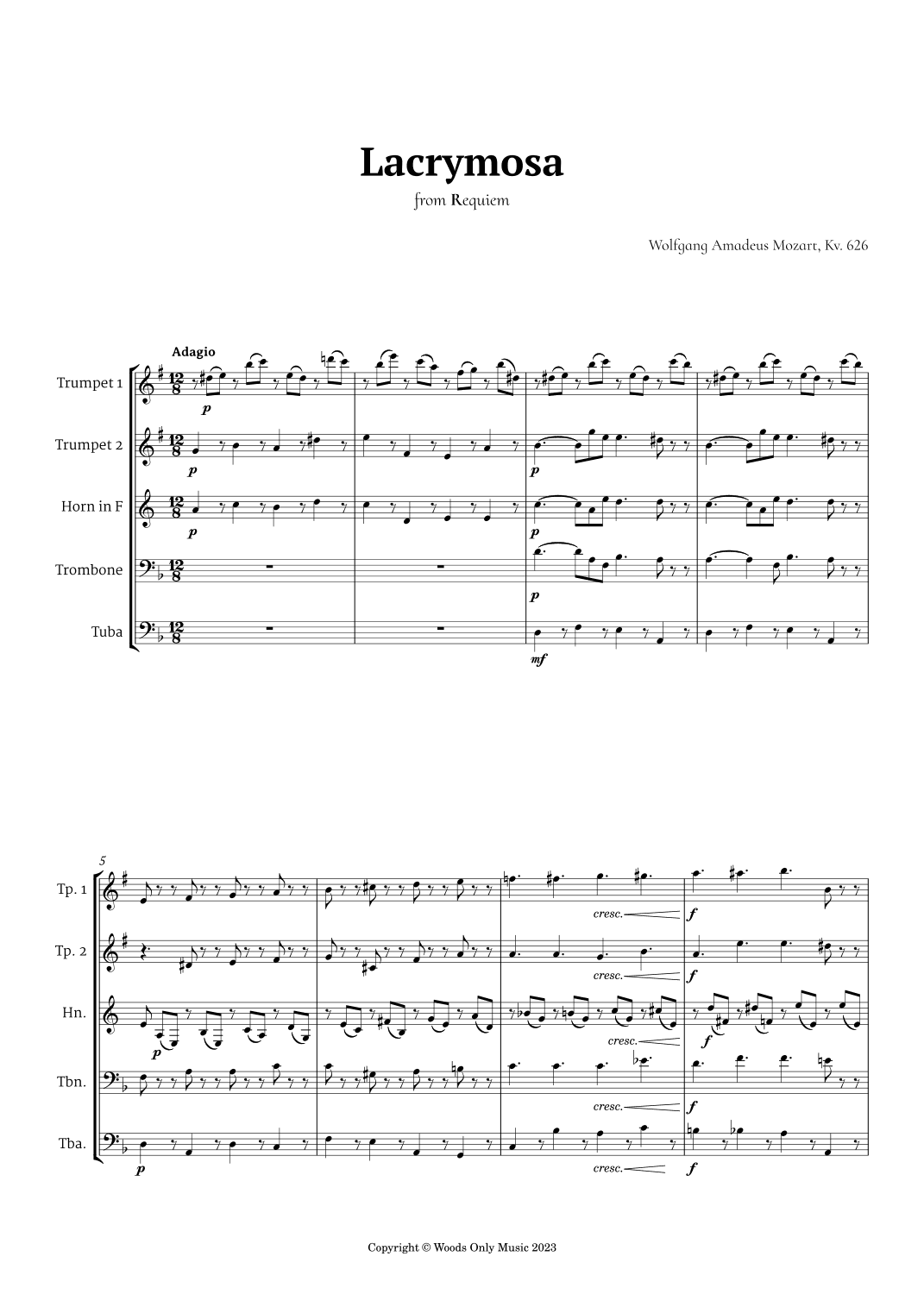 Lacrymosa by Mozart for Brass Quintet (arr. Ander)