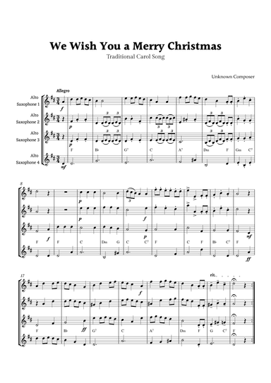 We Wish you a Merry Christmas for Alto Sax Quartet  with Chords (arr. Rika K.)