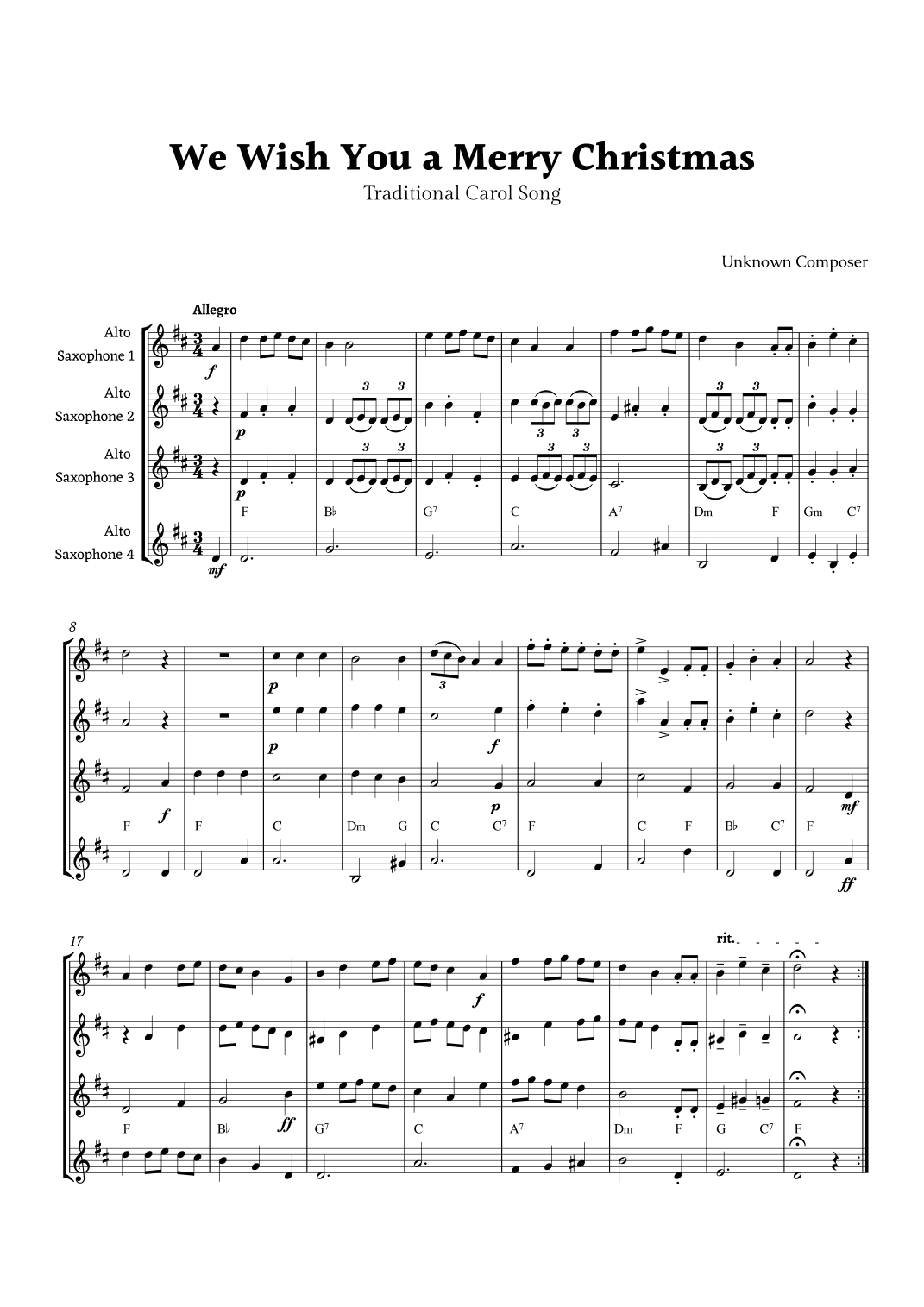 We Wish you a Merry Christmas for Alto Sax Quartet  with Chords (arr. Rika K.)
