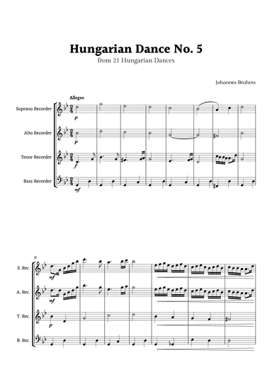 Hungarian Dance No. 5 by Brahms for Recorder Ensemble Quartet (arr. Rika K.)