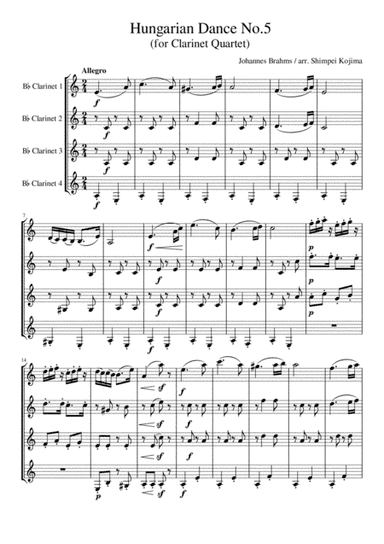 Brahms : Hungarian Dance No.5 (for Clarinet Quartet) (arr. Shimpei Kojima)