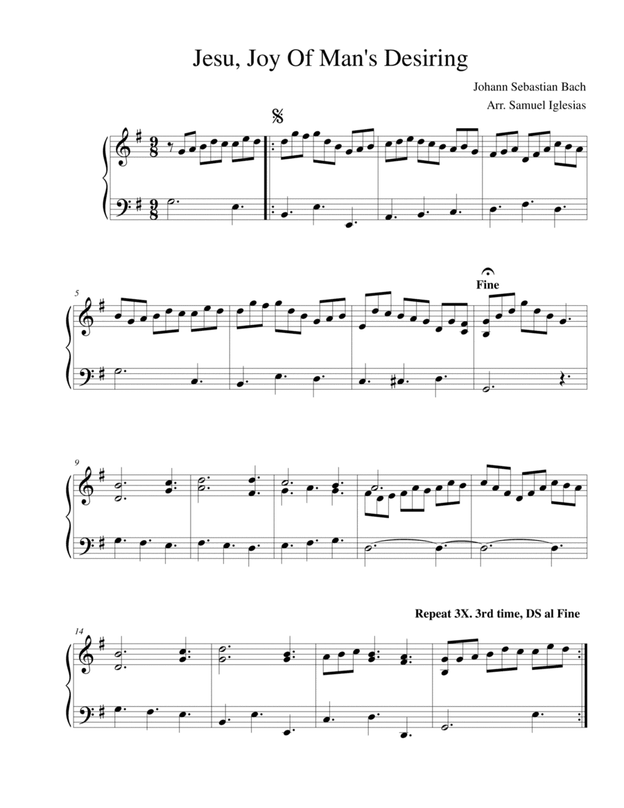"Jesu, Joy Of Man's Desiring" (Cantata BWV 147) - Basic Piano Arrangement (arr. Samuel Iglesias)