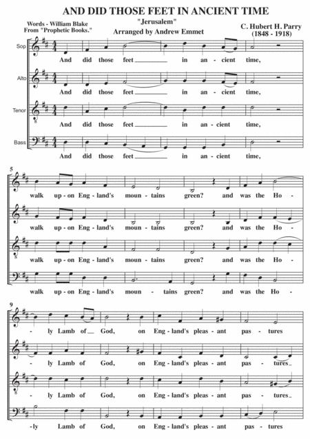 Jerusalem (And Did Those Feet) A Cappella SATB  Alt. Notation. (arr. Andrew Emmet)