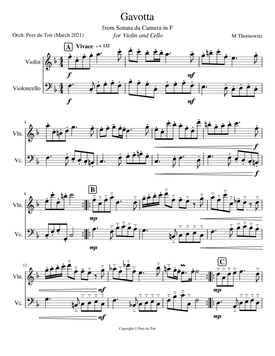 Gavotta from Sonata da Camera in F - Henry Thornowitz (Violin & Cello) (arr. Peet du Toit)