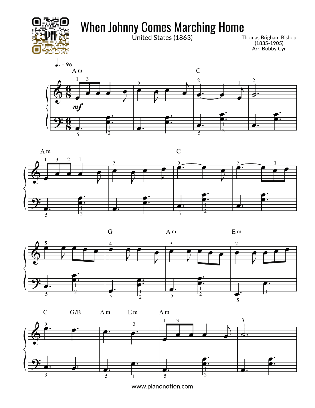 When Johnny Comes Marching Home (Easy Piano) (arr. Bobby Cyr - Piano Notion)