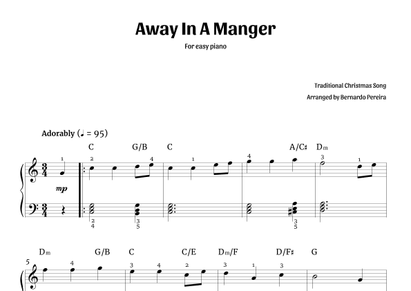 Away In A Manger (easy piano in C major – with chords) (arr. Bernardo Pereira)